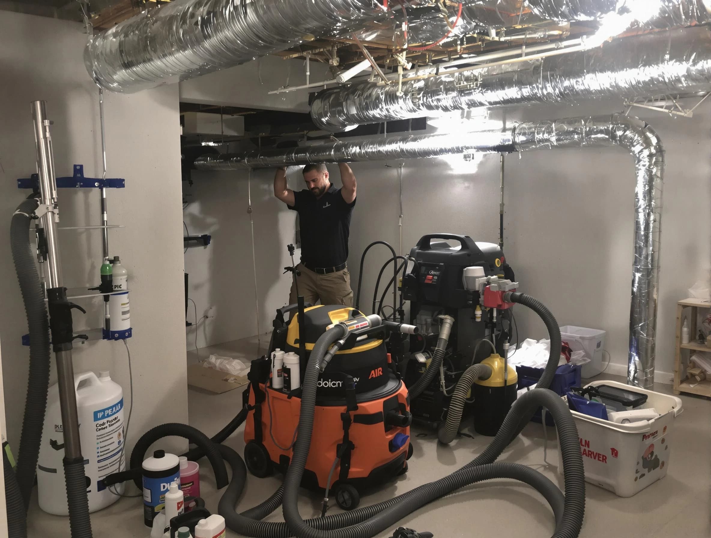 Firestone Air Duct Cleaning specialist performing professional mold removal from air ducts using safety equipment in Firestone